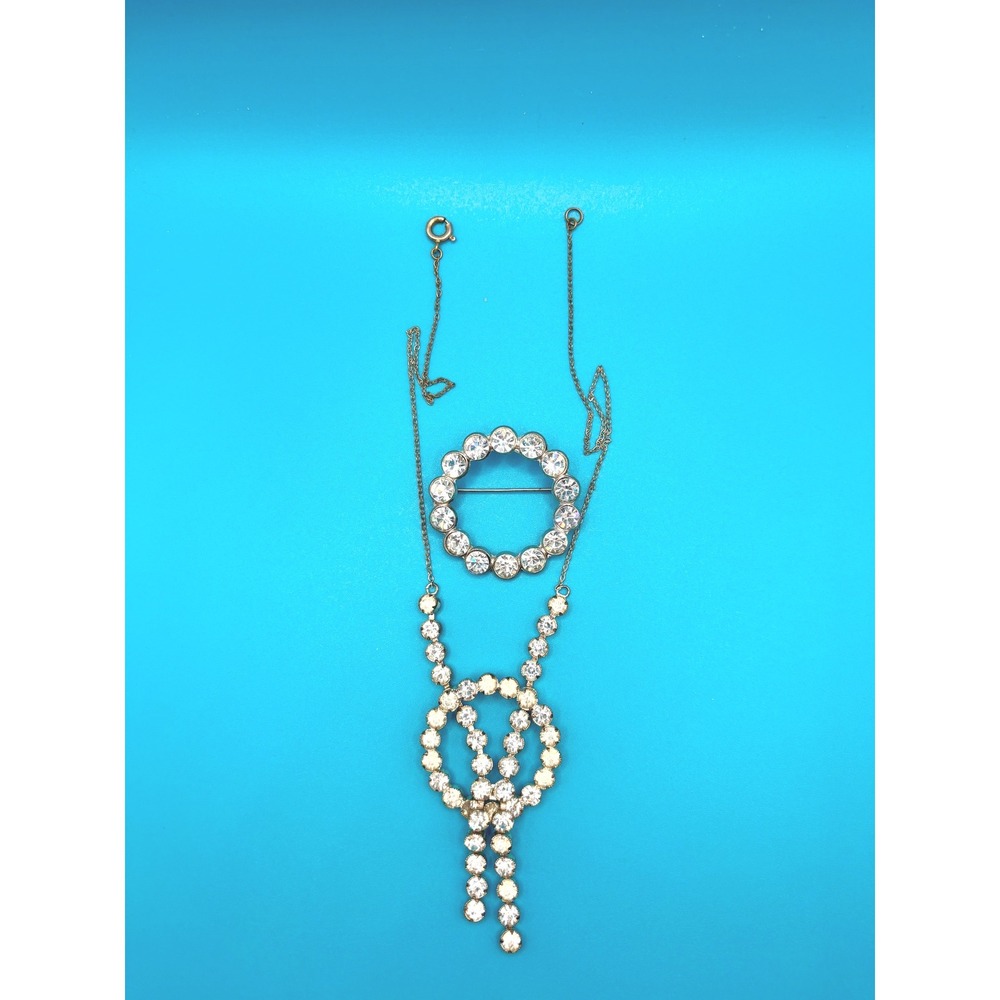 Vintage Rhinestone‎ Circle Brooch Necklace Jewelry Set